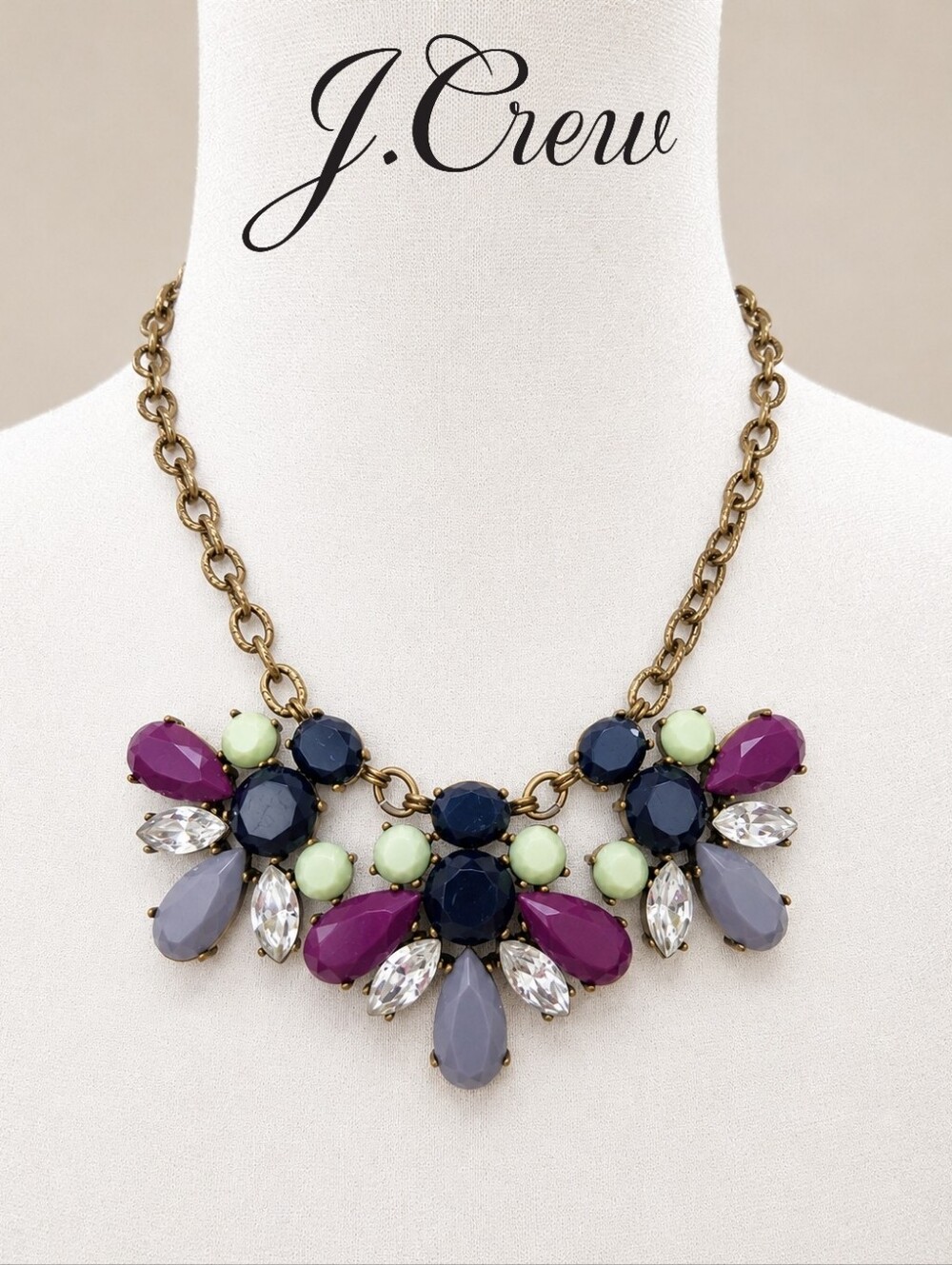 J.Crew Statement Floral Bib Necklace | Purple Blue Mint Green Crystal | 9.5"